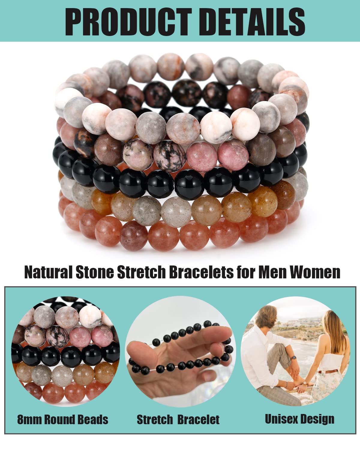 Cherry Tree Collection Gemstone Beaded Bracelets for Women and Men – 6mm Round Beads, Available in Small, Medium, and Large Sizes
