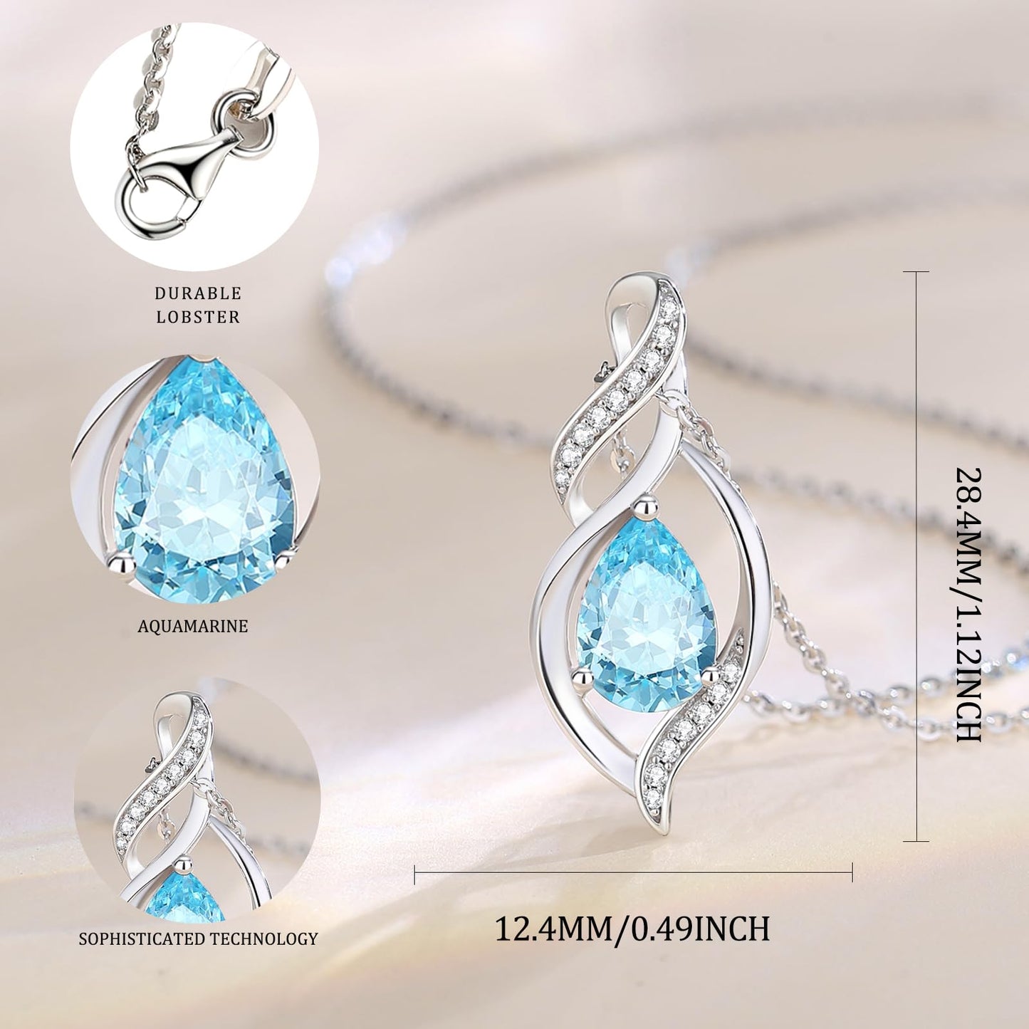 S925 Sterling Silver Birthstone Teardrop Necklace, Infinity Love Pendant, 16"+2" Gift for Women and Mom