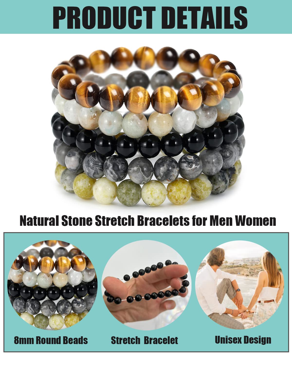 Cherry Tree Collection Gemstone Beaded Bracelets for Women and Men – 6mm Round Beads, Available in Small, Medium, and Large Sizes