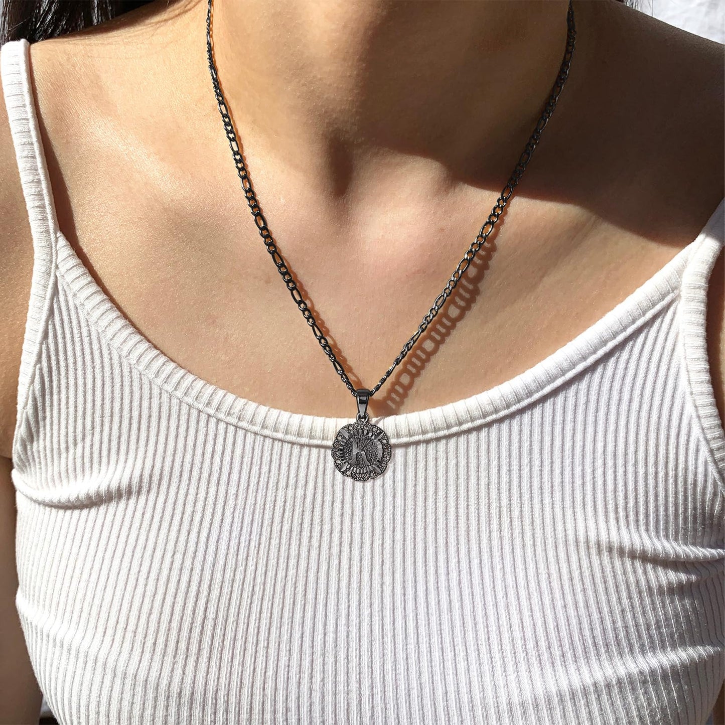 14K Gold Plated Initial Necklace for Women, Round Letter Pendant A-Z Monogram on Figaro Chain