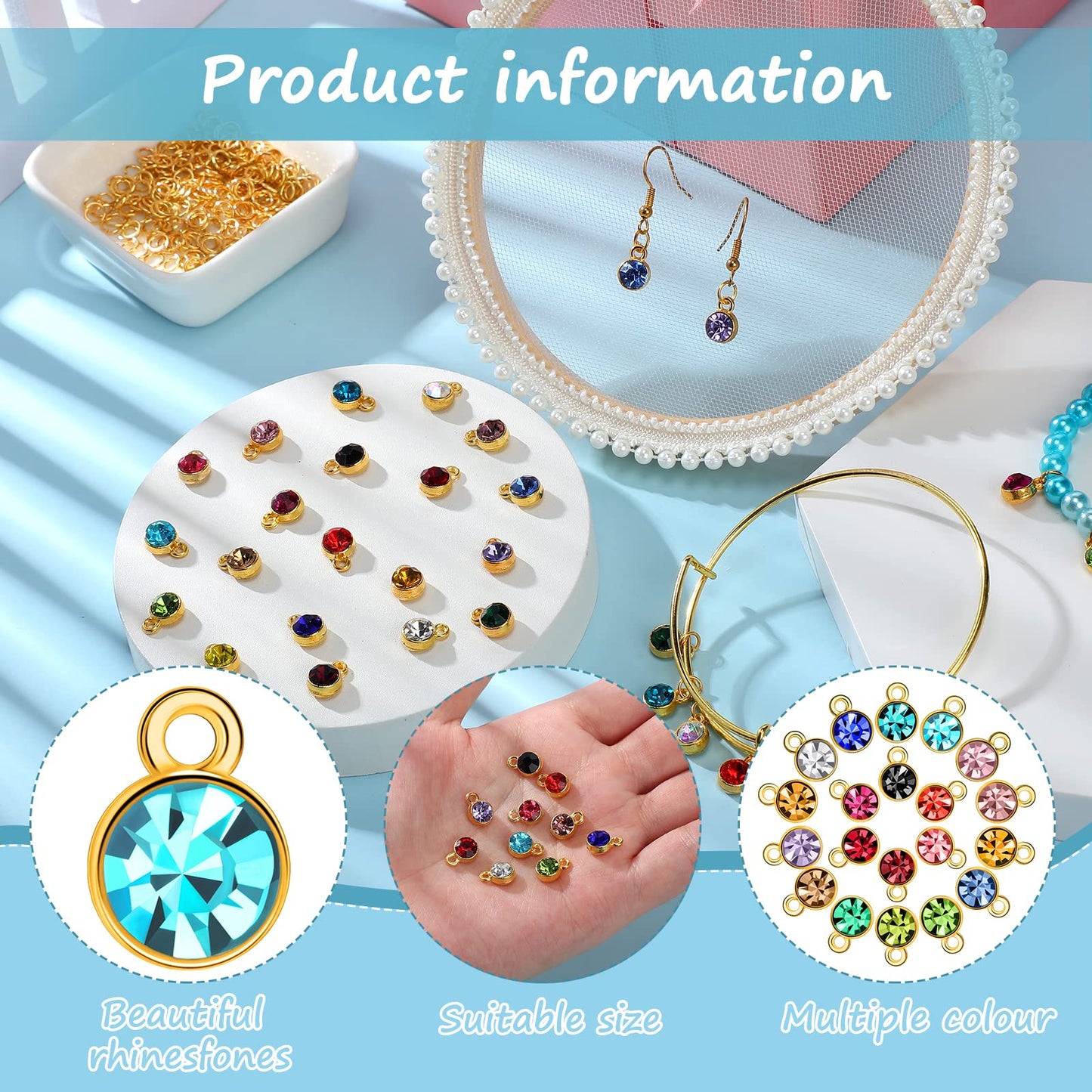 80pcs Crystal Birthstone Charms with 200 Jump Rings, Mixed Color Round Pendants for DIY Jewelry Making