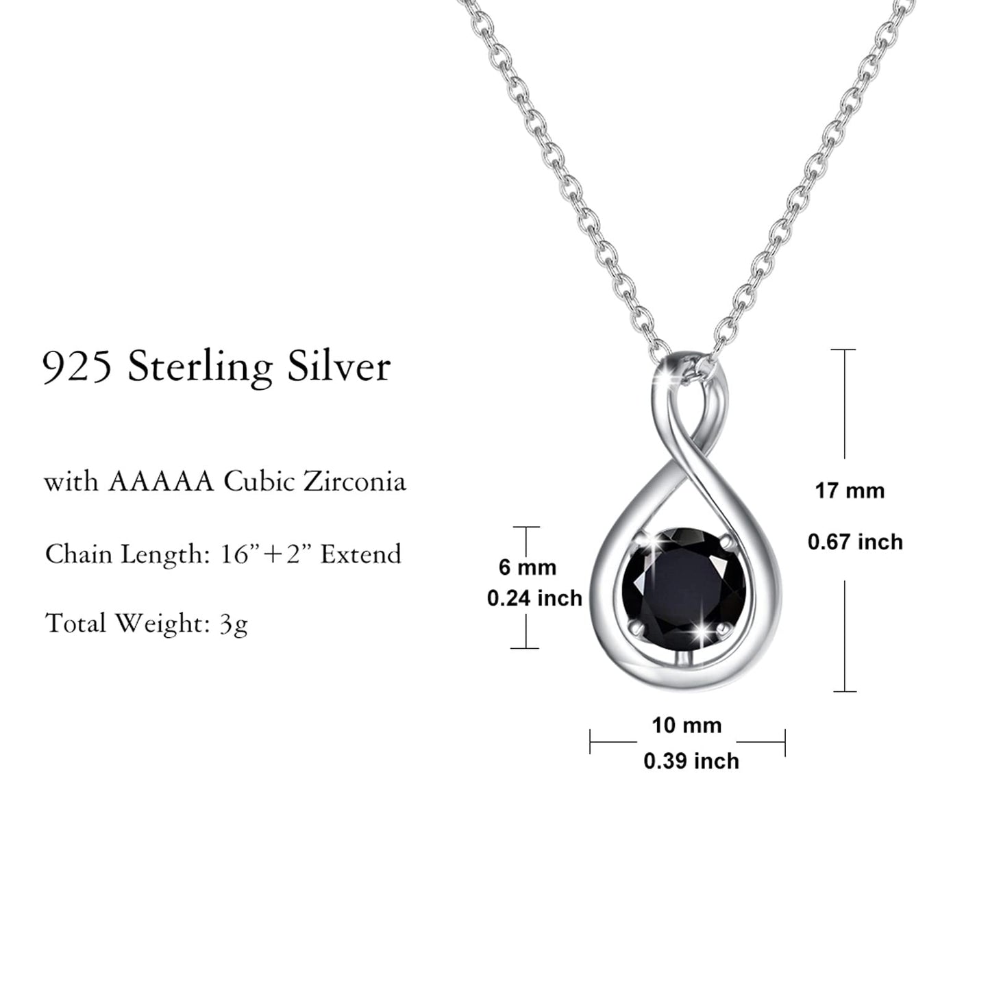 Sterling Silver Birthstone Infinity Pendant Necklace, 16"+2" Chain, Dainty Jewelry Gift for Women and Girls