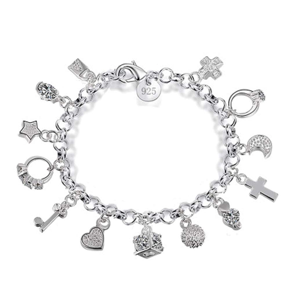 Fairytale Lucky Charms Cuff Bangle Bracelet with Cross, Leaf, Moon, Face, and Celtic Cat Charms