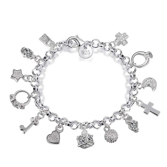 Fairytale Lucky Charms Cuff Bangle Bracelet with Cross, Leaf, Moon, Face, and Celtic Cat Charms