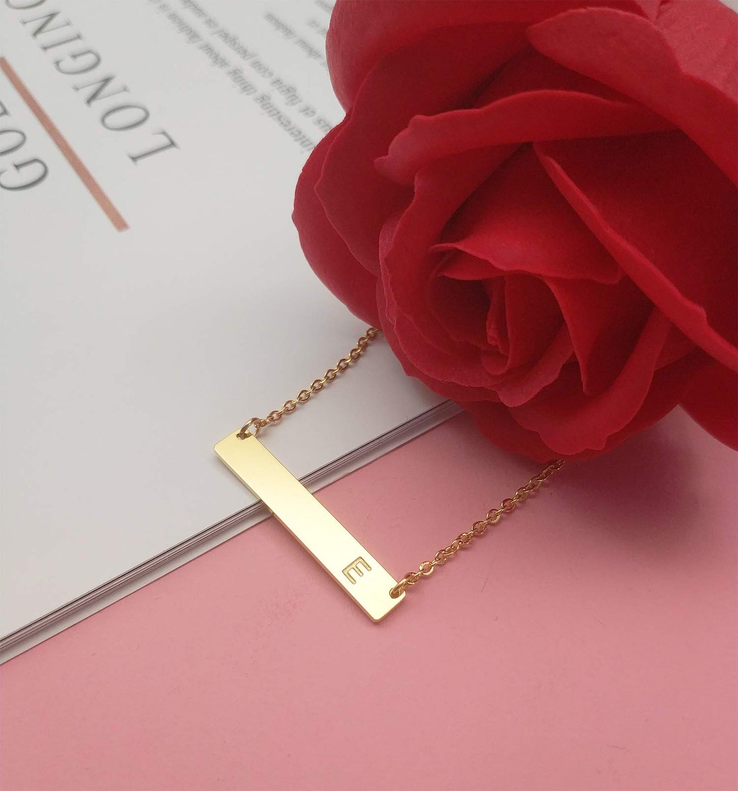 18K Gold Plated Bar Pendant Necklace, Dainty Initial Letter Necklace in Stainless Steel for Women