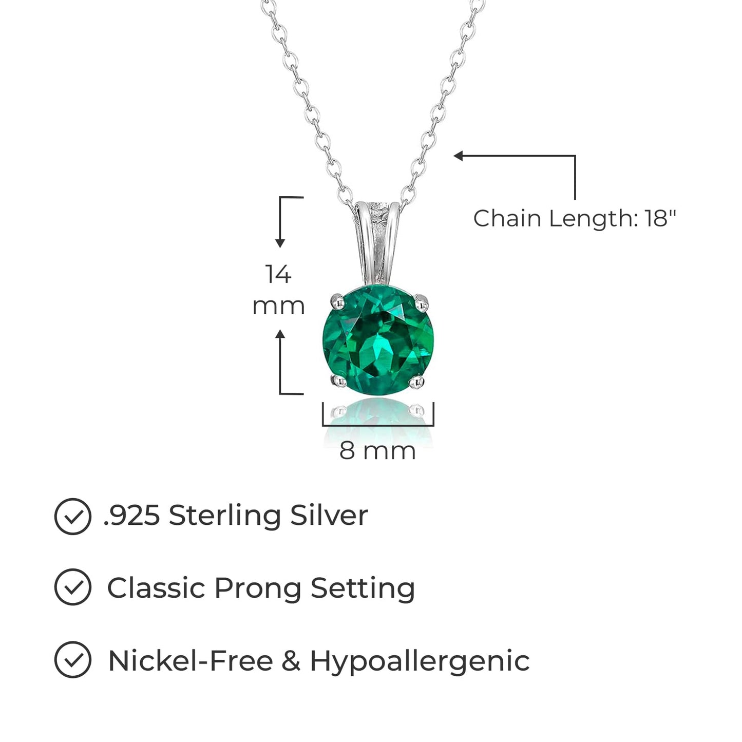 Sterling Silver Round Cut Birthstone Pendant Necklace with 18 Inch Chain