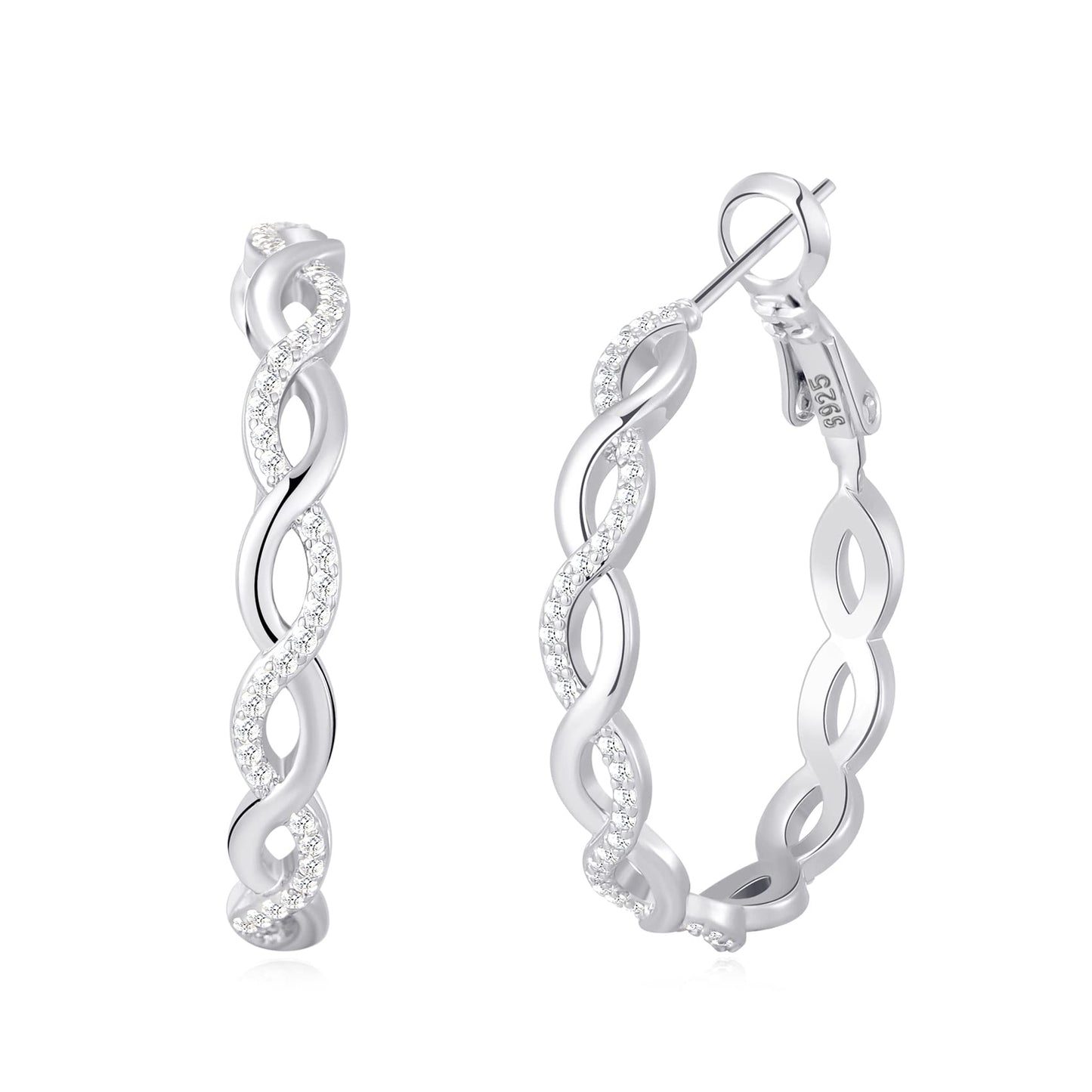 925 Sterling Silver Twisted Hoop Earrings for Women, Lightweight Cubic Zirconia Hoops, Hypoallergenic, 20-60mm