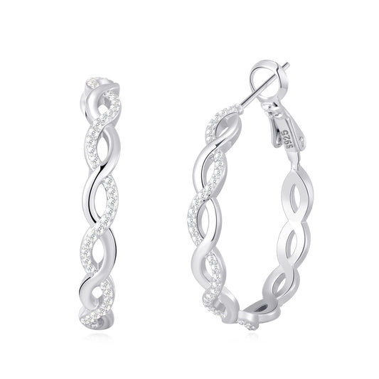925 Sterling Silver Twisted Hoop Earrings for Women, Lightweight Cubic Zirconia Hoops, Hypoallergenic, 20-60mm