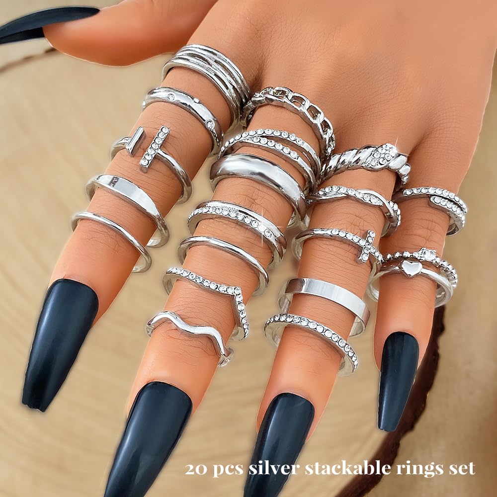 KISS WIFE Gold Silver Black Knuckle Rings Set for Women, Dainty Simple Stackable Finger Rings Pack, Trendy Cute Mixed Size Rings for Thumb & Knuckle Layering, Fashion Jewelry Gift