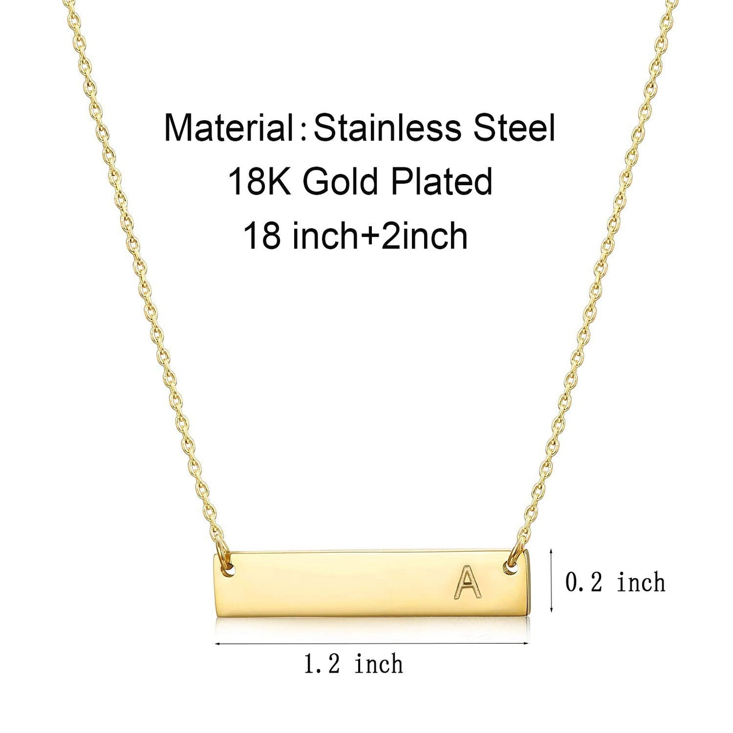 Bar Pendant Initial Necklace, 18K Gold Plated Stainless Steel, Dainty Personalized Name Letter for Women