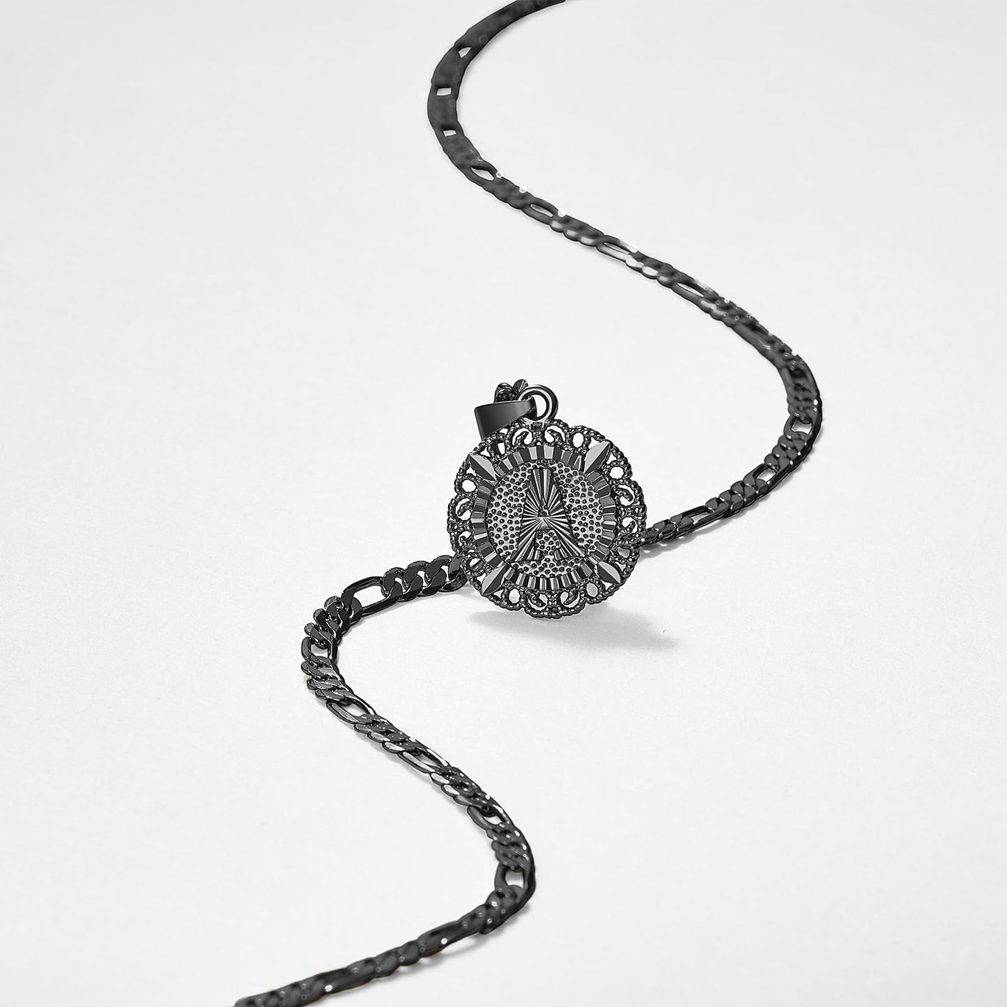 14K Gold Plated Initial Necklace for Women, Round Letter Pendant A-Z Monogram on Figaro Chain