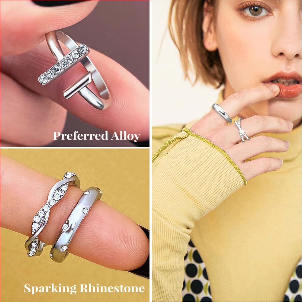 KISS WIFE Gold Silver Black Knuckle Rings Set for Women, Dainty Simple Stackable Finger Rings Pack, Trendy Cute Mixed Size Rings for Thumb & Knuckle Layering, Fashion Jewelry Gift