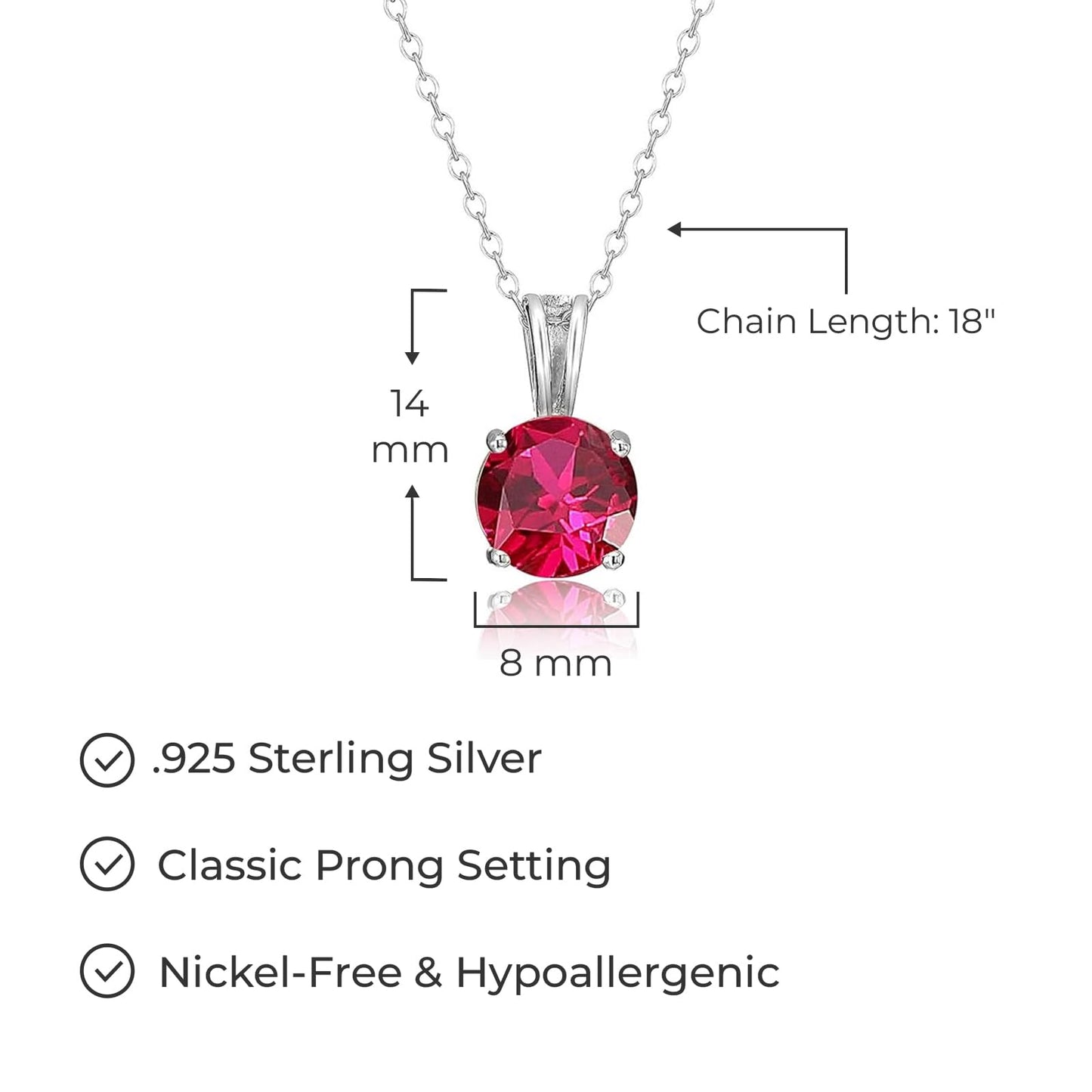 Sterling Silver Round Cut Birthstone Pendant Necklace, 18" Adjustable Chain