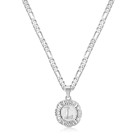 14K Gold Plated Initial Necklace for Women, Round Letter A-Z Monogram Pendant on Figaro Chain