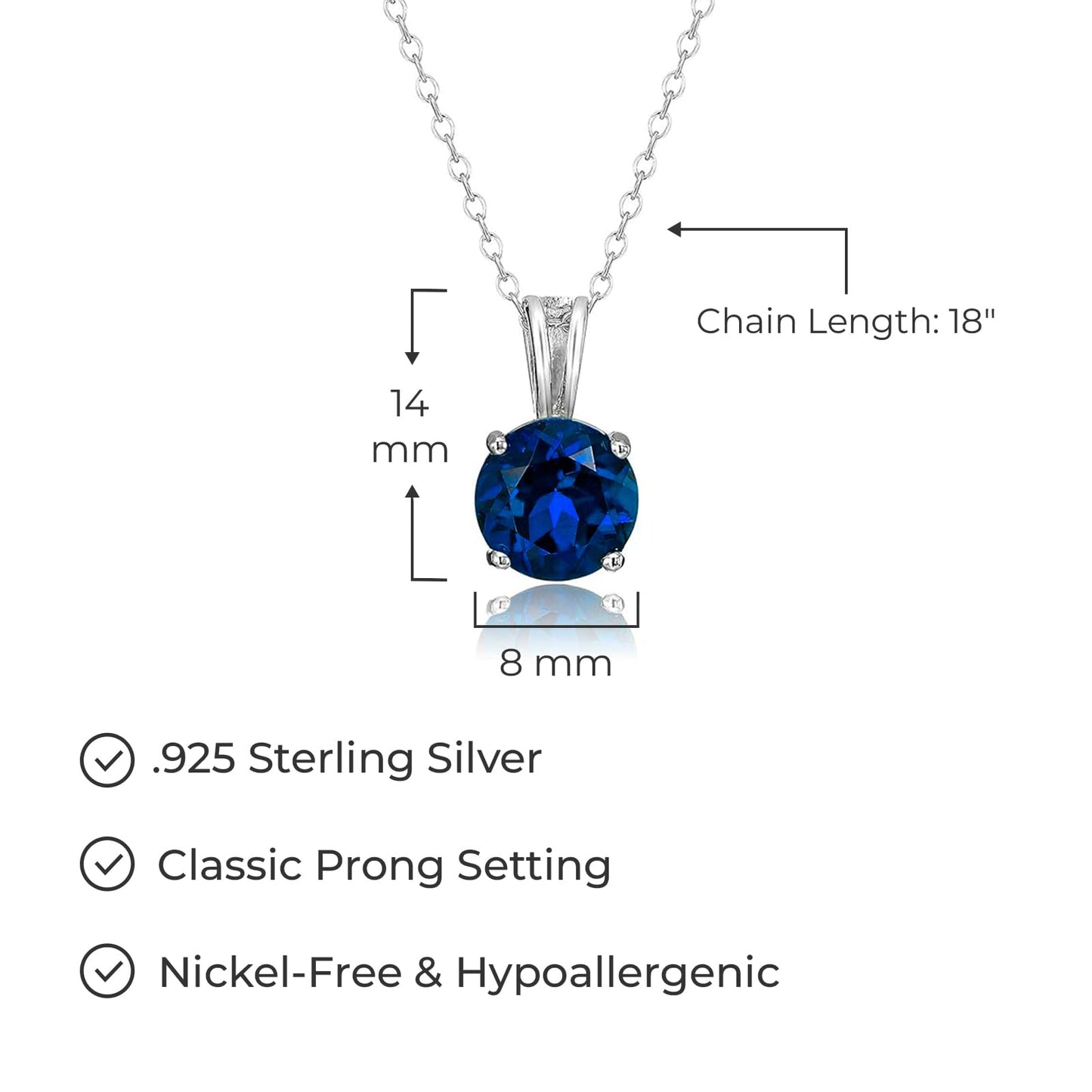 Sterling Silver Round Cut Birthstone Pendant Necklace, 18 Inch Chain