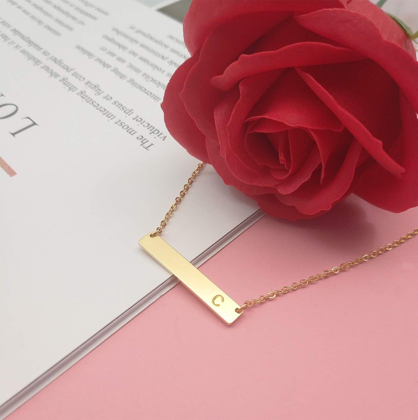 18K Gold Plated Bar Pendant Initial Necklace, Dainty Stainless Steel Personalized Letter Necklace for Women