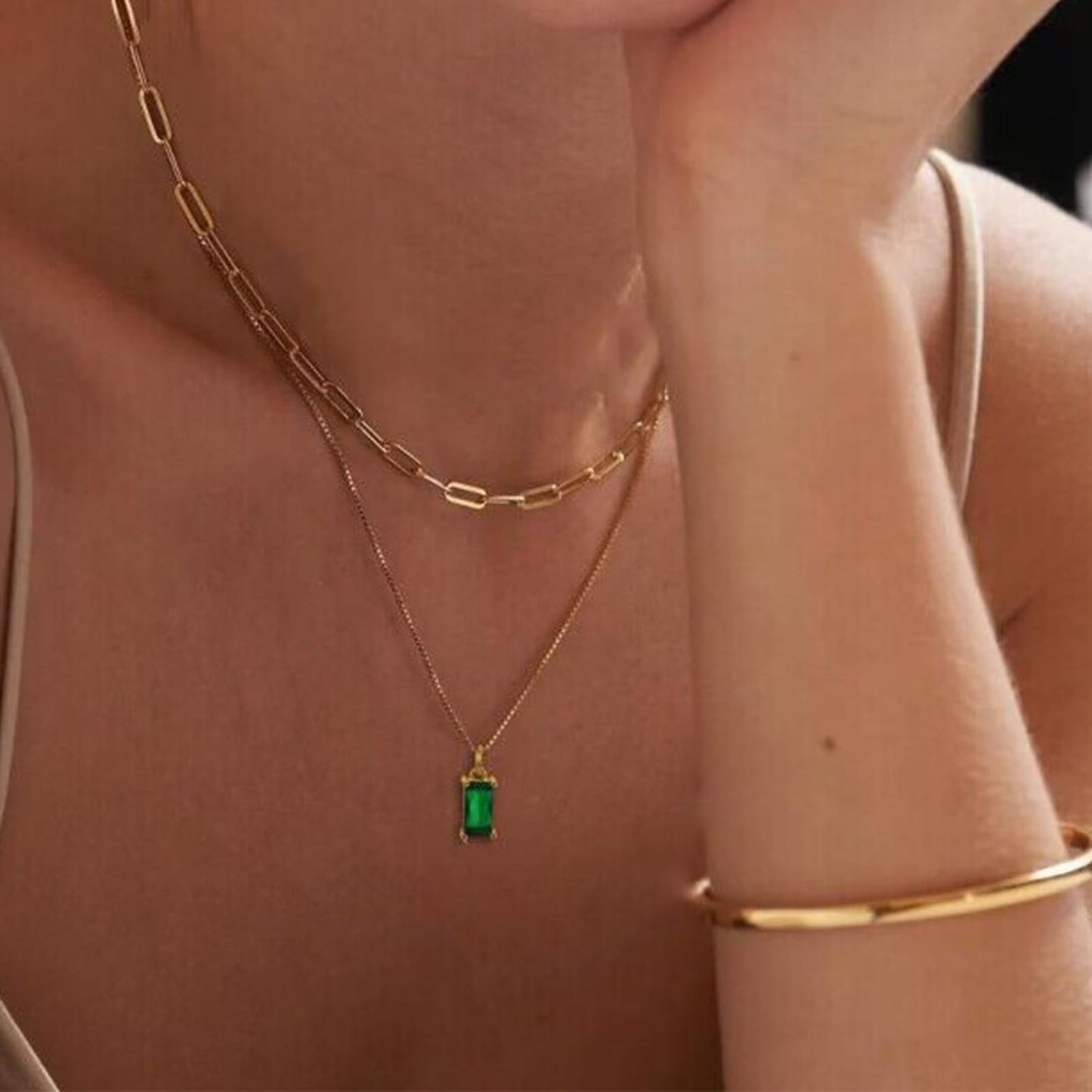14K Gold Dainty Birthstone Necklace for Women, Blue Green Cubic Zirconia Emerald Pendant, Waterproof Non-Tarnish Jewelry Gift