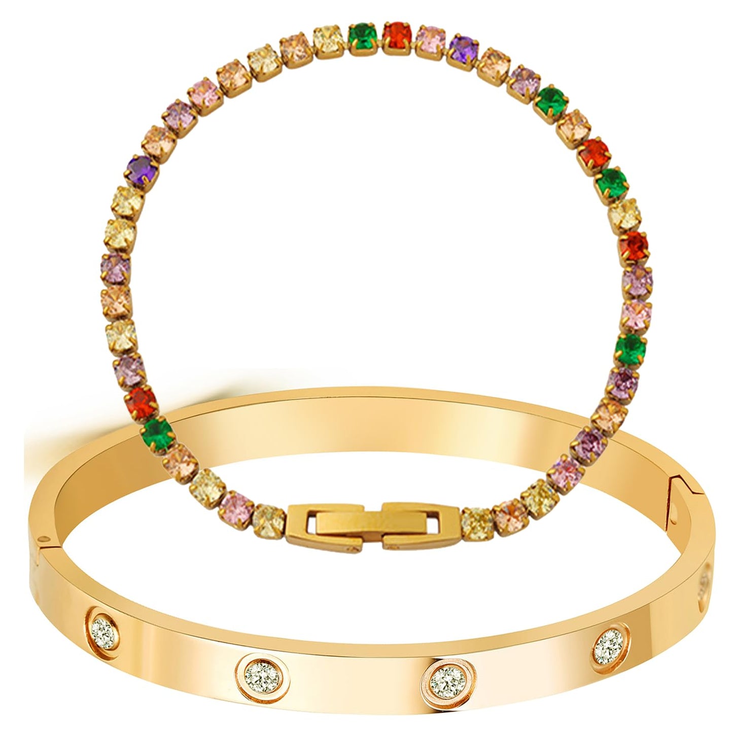 Silver Plated Tennis Bracelet for Women with Cubic Zirconia, 7x5mm Oval Gemstones, 2.5mm Round White CZ, 7" Hypoallergenic, Multiple Colors