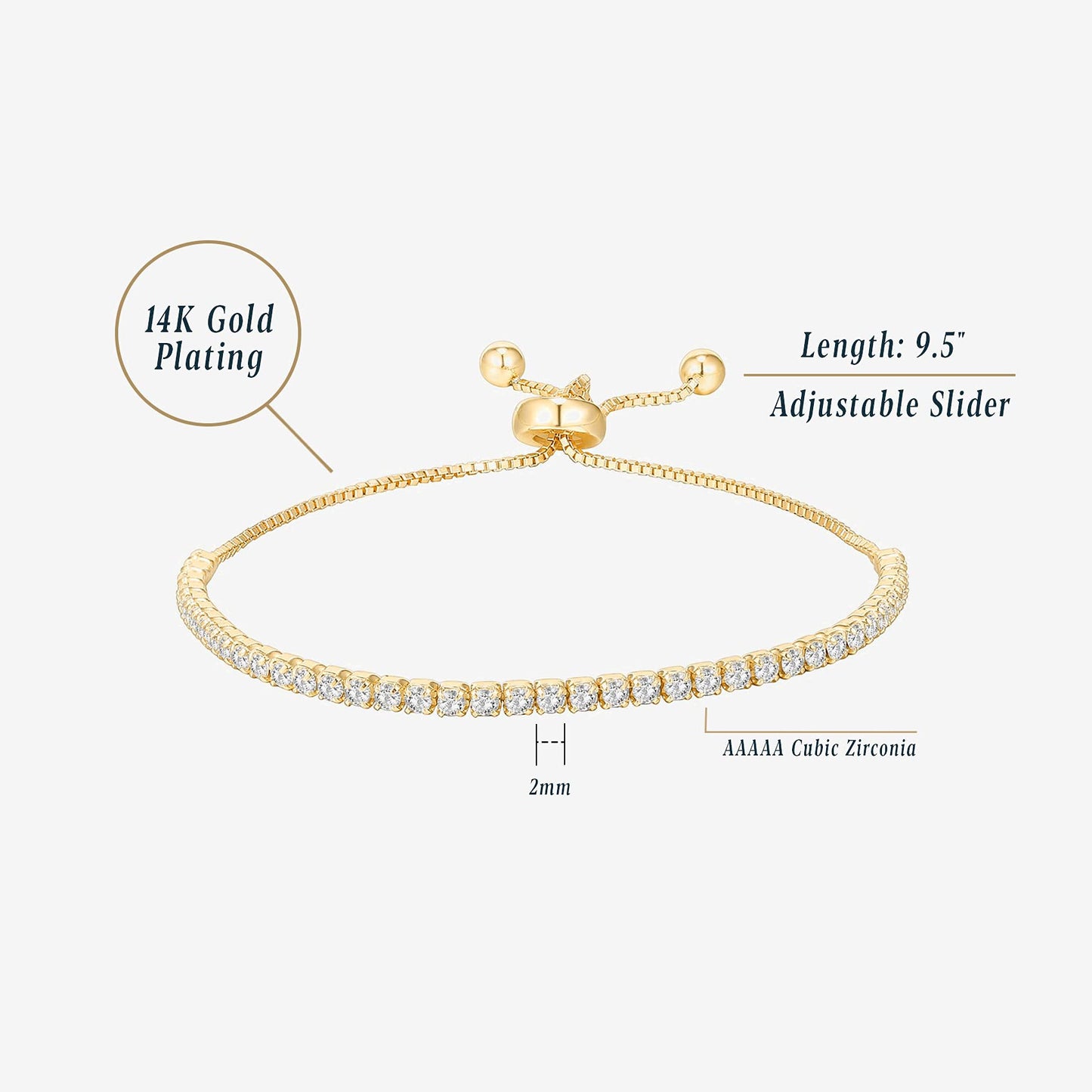 14K Gold Plated 2mm Cubic Zirconia Tennis Bracelet for Women, Classic Gold Bracelet, 6.5"-7.5"
