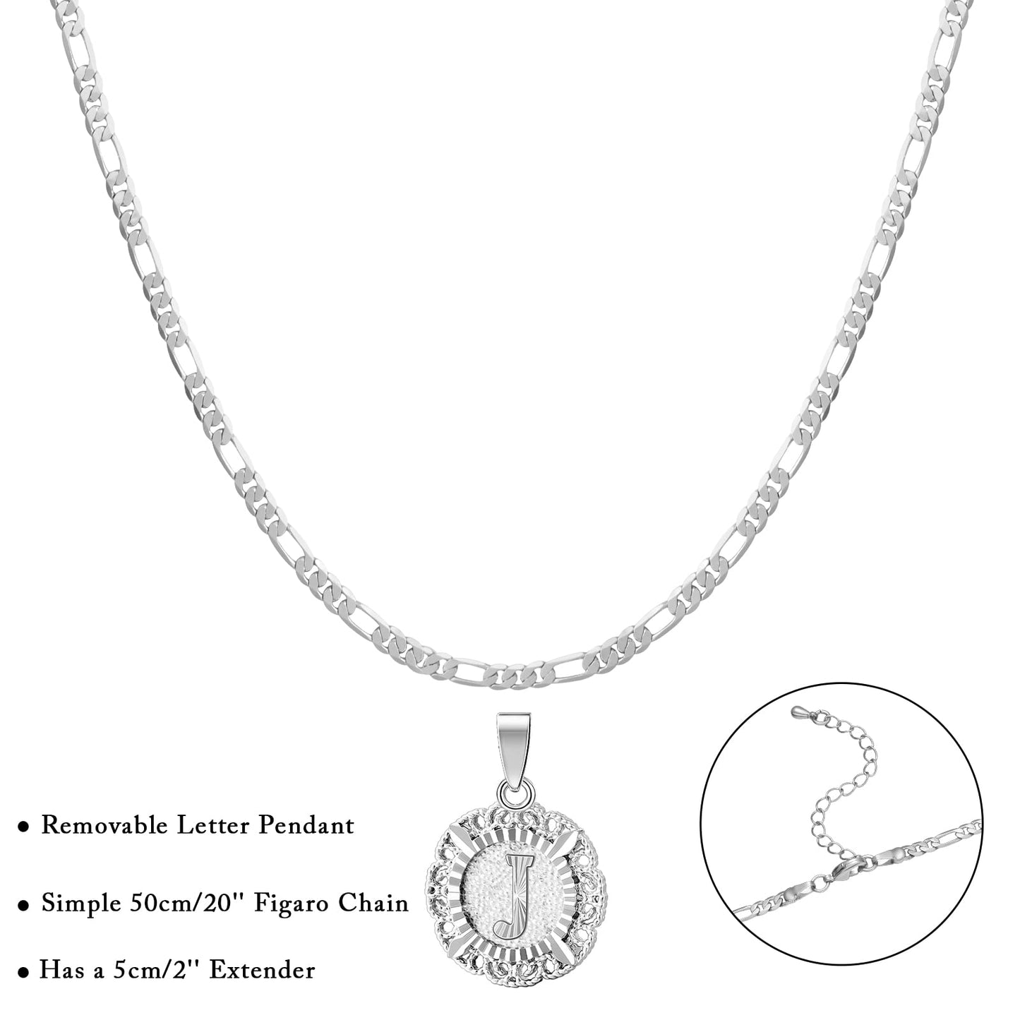 14K Gold Plated Initial Necklace for Women, Round Letter A-Z Monogram Pendant on Figaro Chain