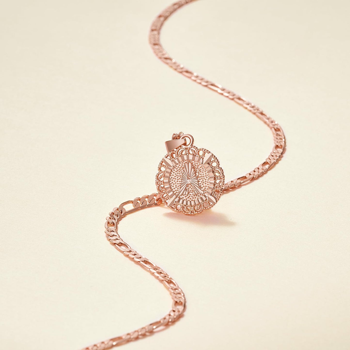 14K Gold Plated Initial Necklace for Women, Round A-Z Letter Monogram Pendant on Figaro Chain