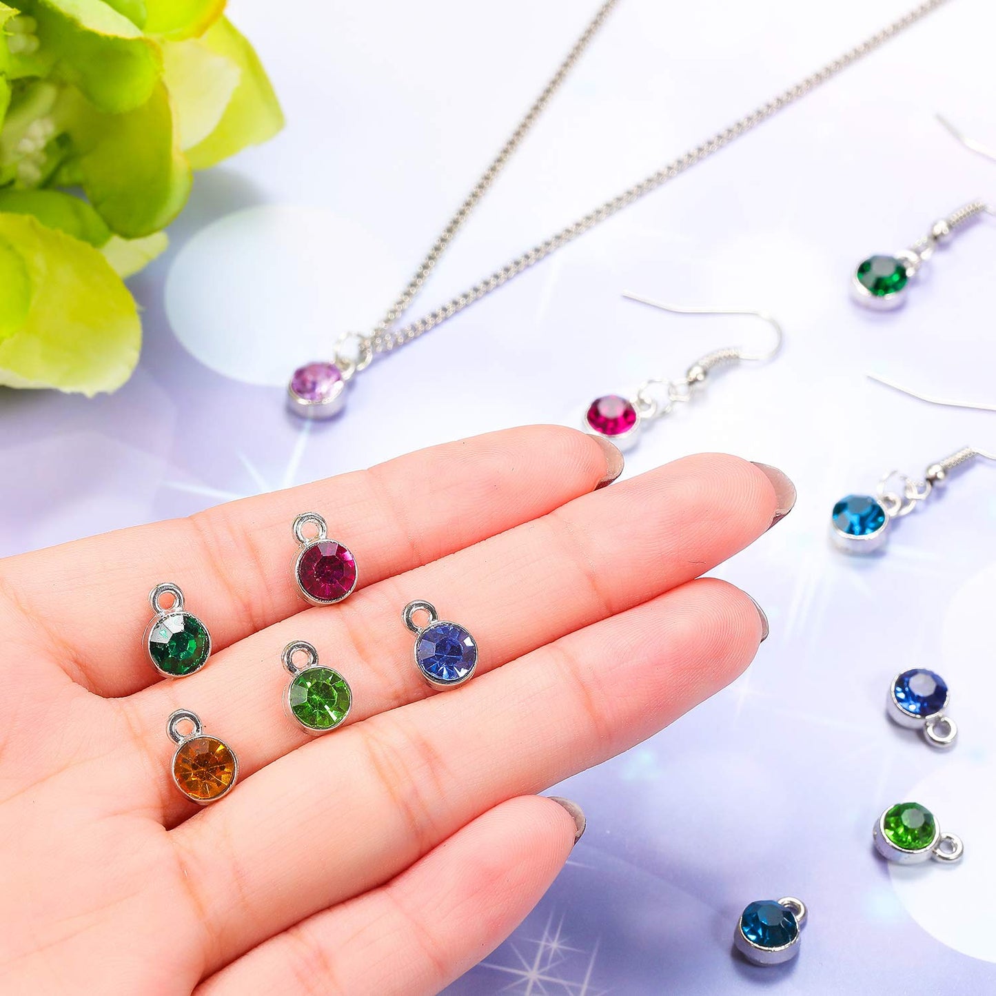 108pcs Crystal Birthstone Charms with Rings, 7mm Round Pendants in 12 Colors for DIY Jewelry Making Supplies