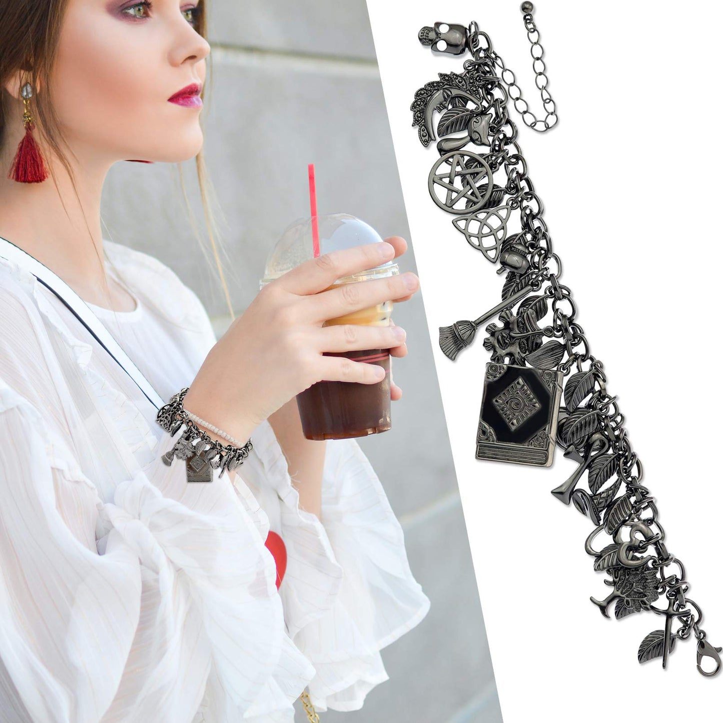 14K Gold Plated Chain Link Bracelet for Women, 7"+2" Extender, Love Lock Design with Crystal, Heart, Key, and Lock Charms