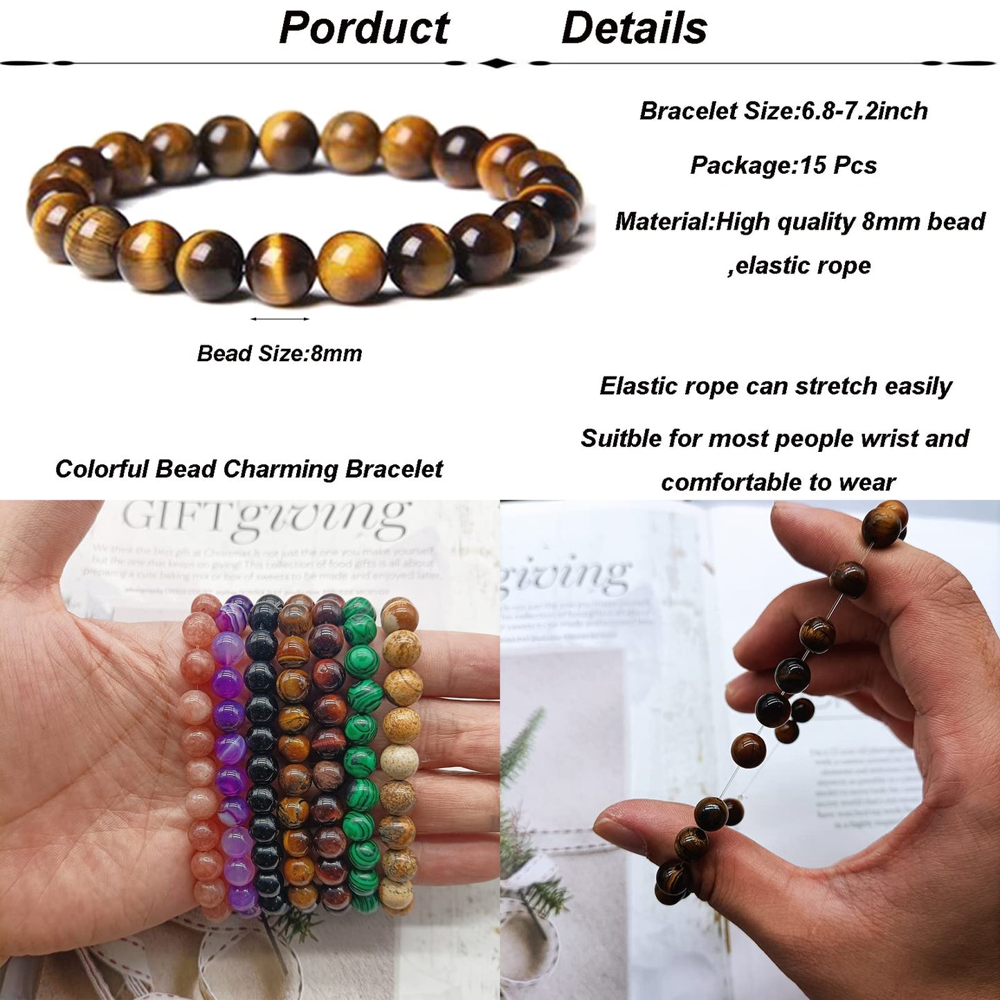 Handmade 6mm Semi-Precious Gemstone Round Bead Stretch Bracelet, 7" Unisex