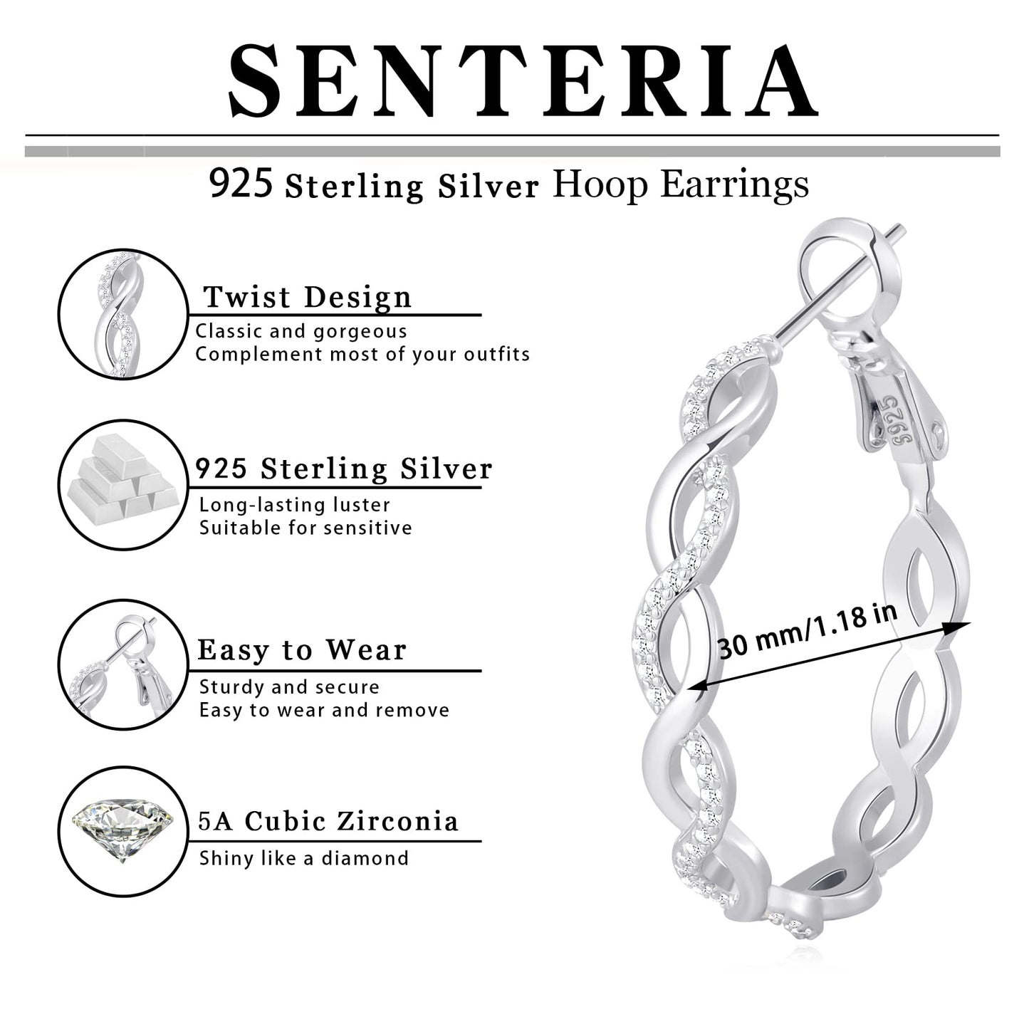 925 Sterling Silver Twisted Hoop Earrings for Women, Lightweight Cubic Zirconia Hoops, Hypoallergenic, 20-60mm