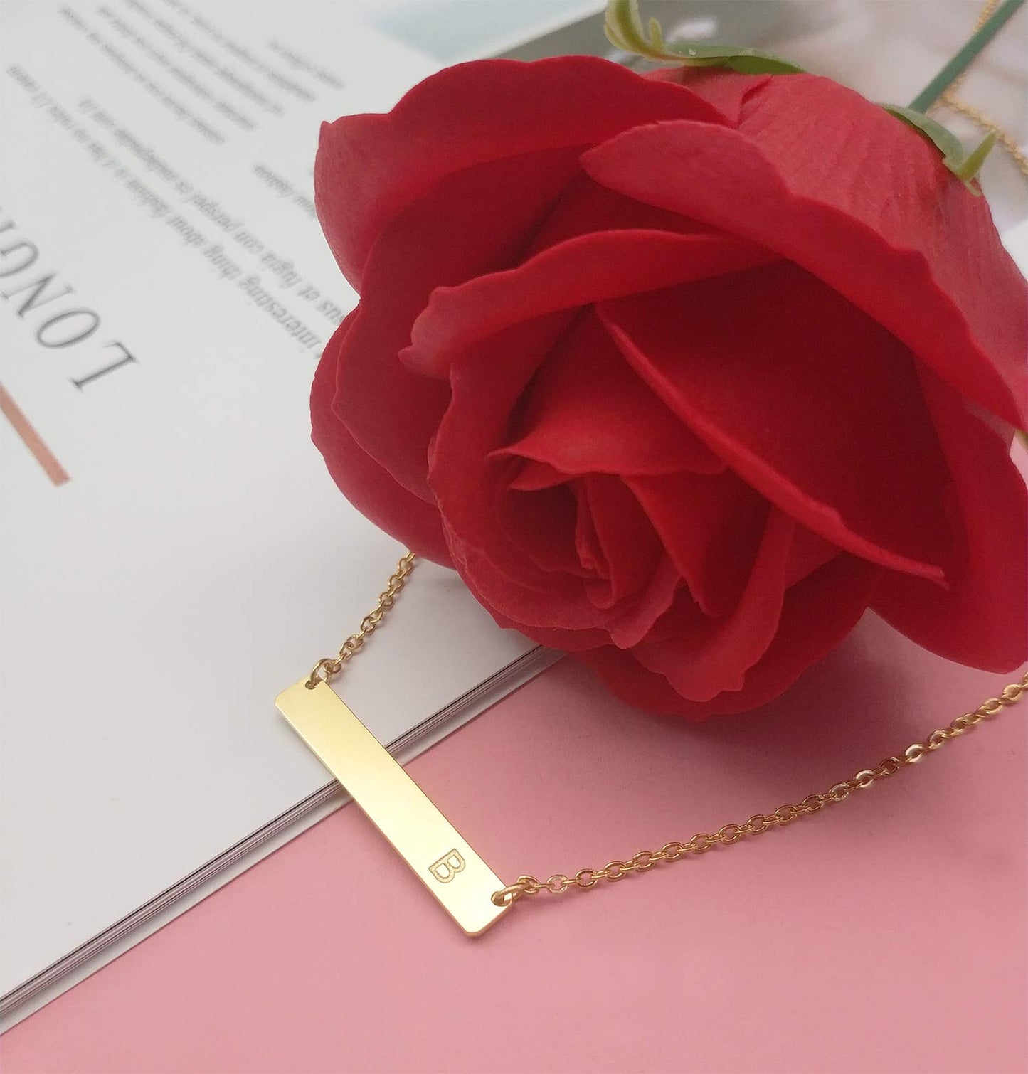 Bar Pendant Initial Necklace, 18K Gold Plated Stainless Steel, Dainty Personalized Letter Necklace for Women