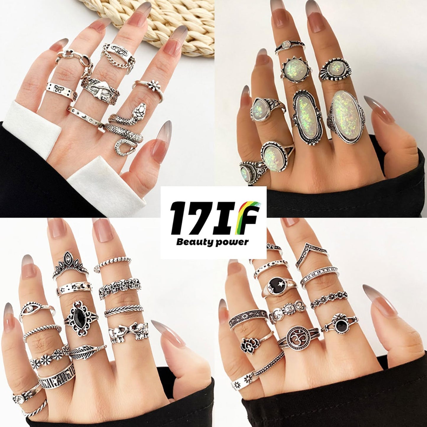 17IF Vintage Silver Knuckle Rings Set for Women & Men, Chunky Adjustable Gothic Punk Stackable Rings Pack — Snake, Skull, Frog, Heart, Star, Flower & Boho Y2K Aesthetic Finger Jewelry