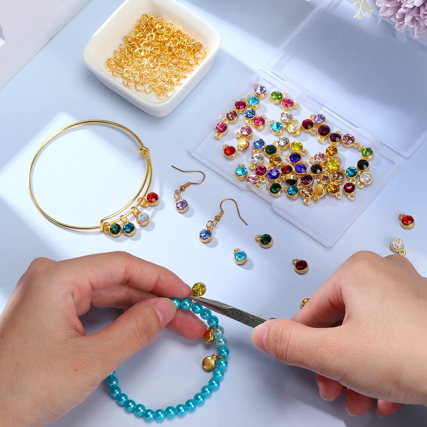 80pcs Crystal Birthstone Charms with 200 Jump Rings, Mixed Color Round Pendants for DIY Jewelry Making