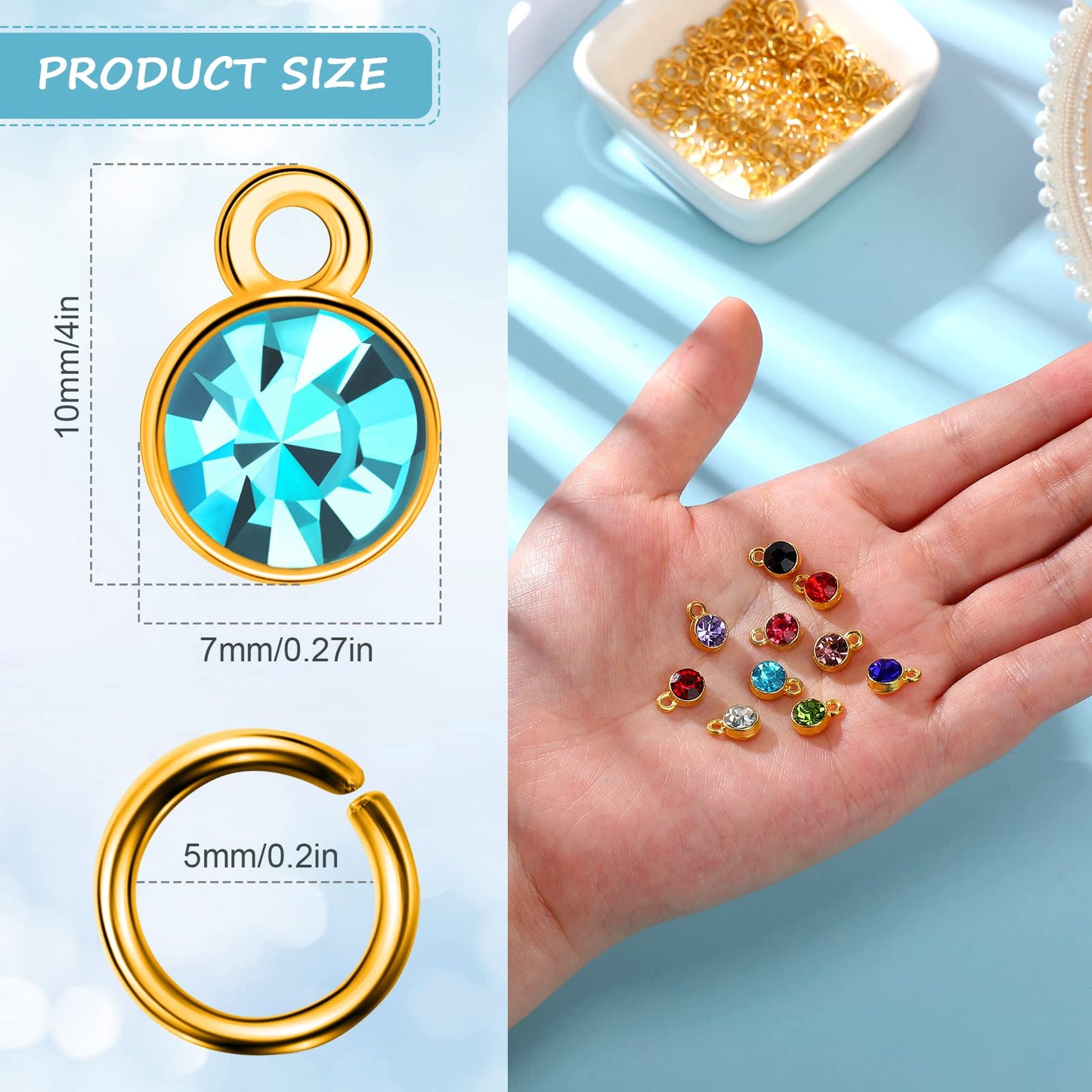 80pcs Crystal Birthstone Charms with 200 Jump Rings, Mixed Color Round Pendants for DIY Jewelry Making