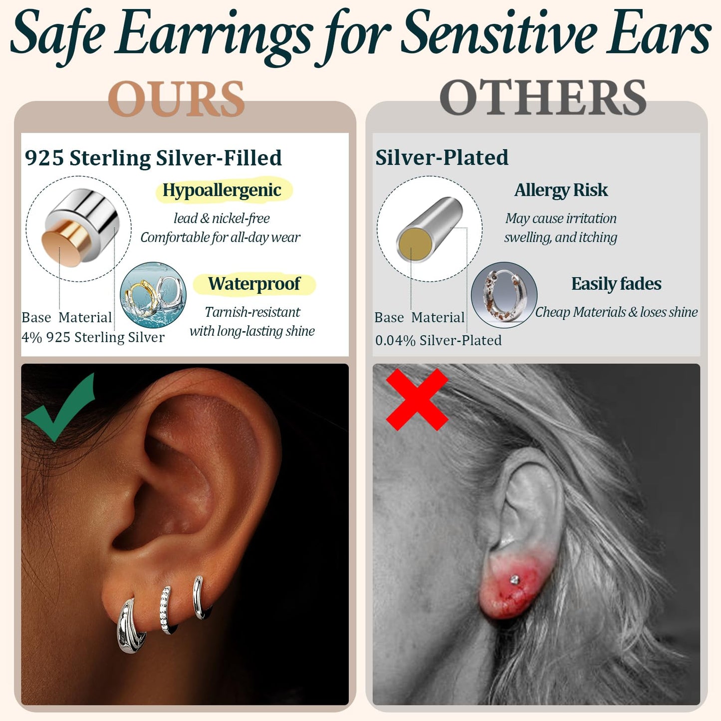 Small Sterling Silver Huggie Hoop Earrings Set for Women, 14K Gold Plated Mini Hoops, Hypoallergenic Dainty Cartilage & Multiple Piercing Jewelry Gift