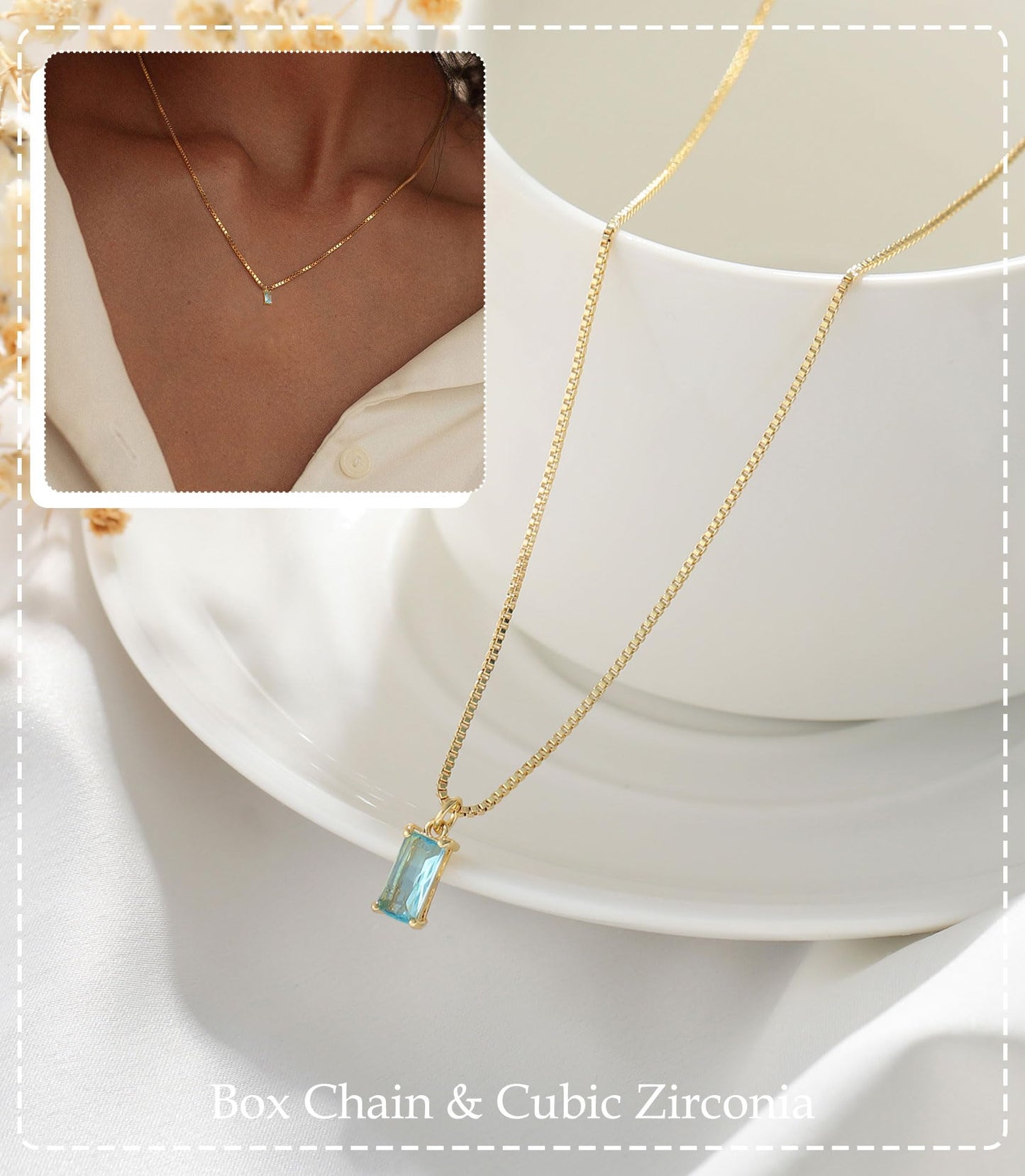 14K Gold Plated Emerald Birthstone Necklace for Women, Blue Green Cubic Zirconia Pendant, Dainty Birthday Jewelry Gift