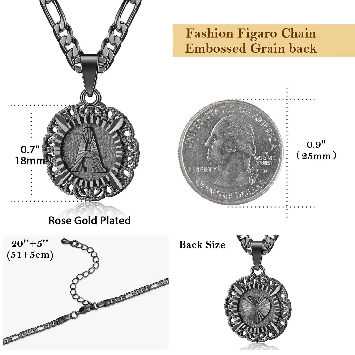 14K Gold Plated Initial Necklace for Women, Round Letter Pendant A-Z Monogram on Figaro Chain