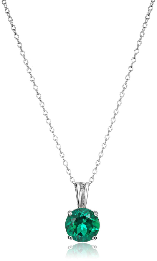 Sterling Silver Round Cut Birthstone Pendant Necklace with 18 Inch Chain