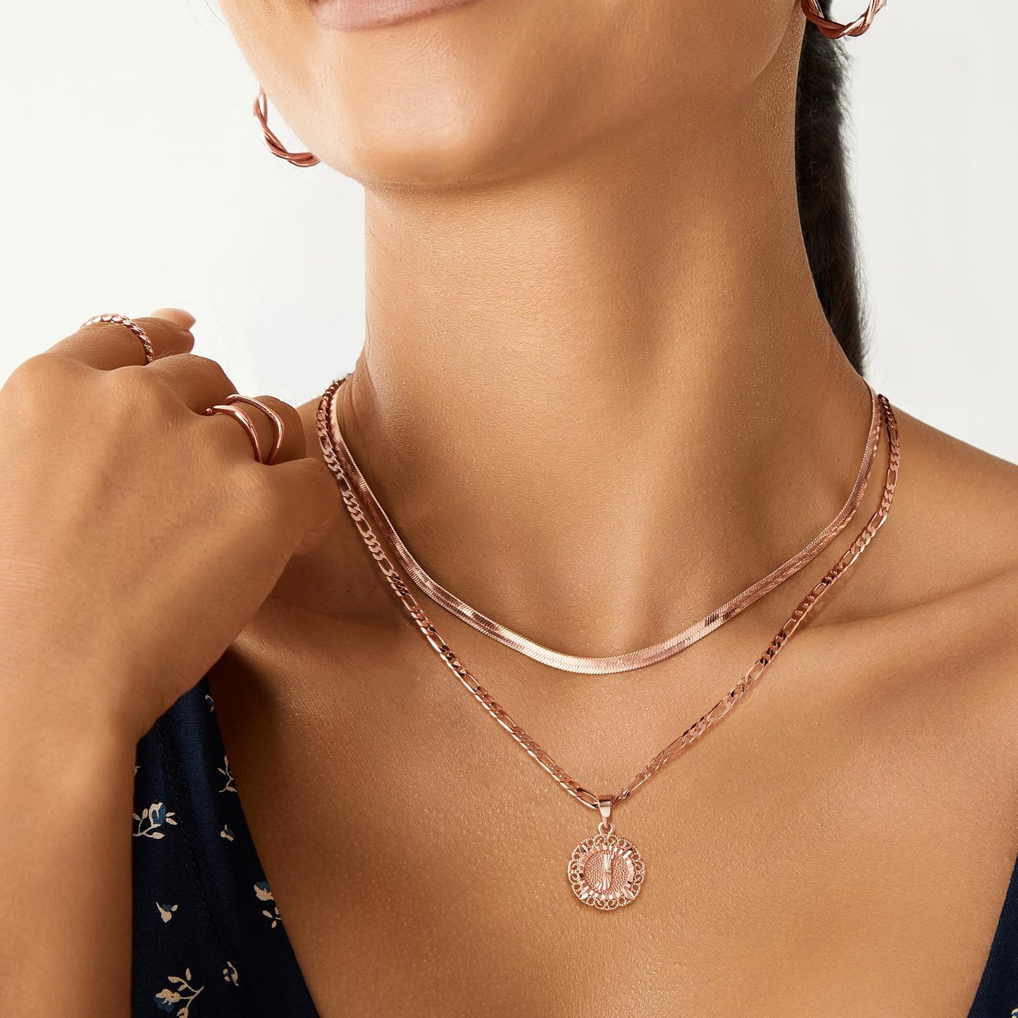 14K Gold Plated Initial Necklace for Women, Round A-Z Letter Monogram Pendant on Figaro Chain