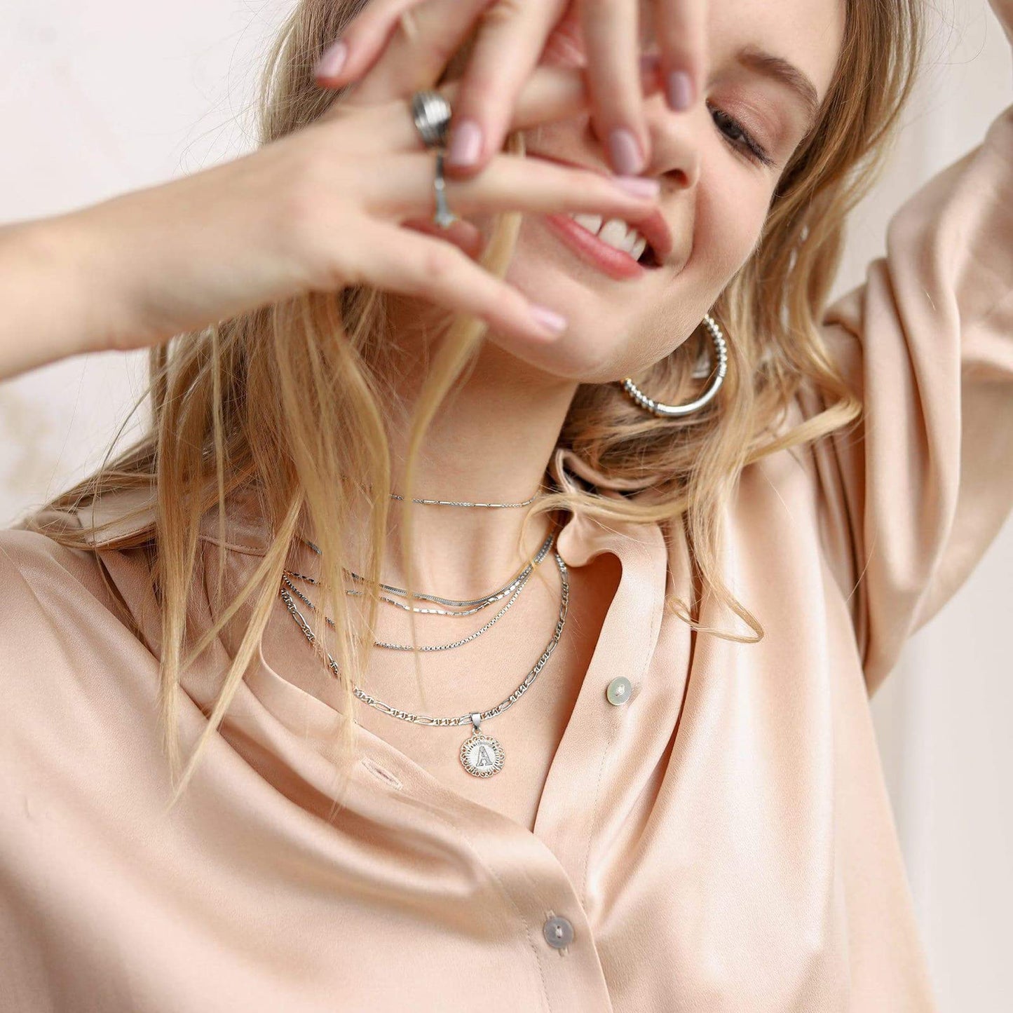 14K Gold Plated Initial Necklace for Women, Round Letter A-Z Monogram Pendant on Figaro Chain