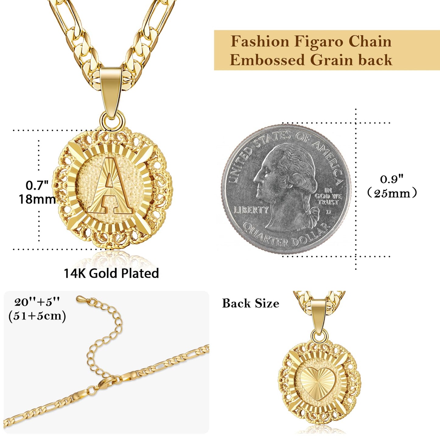 14K Gold Plated Initial Necklace for Women, Round A-Z Letter Pendant Monogram on Figaro Chain