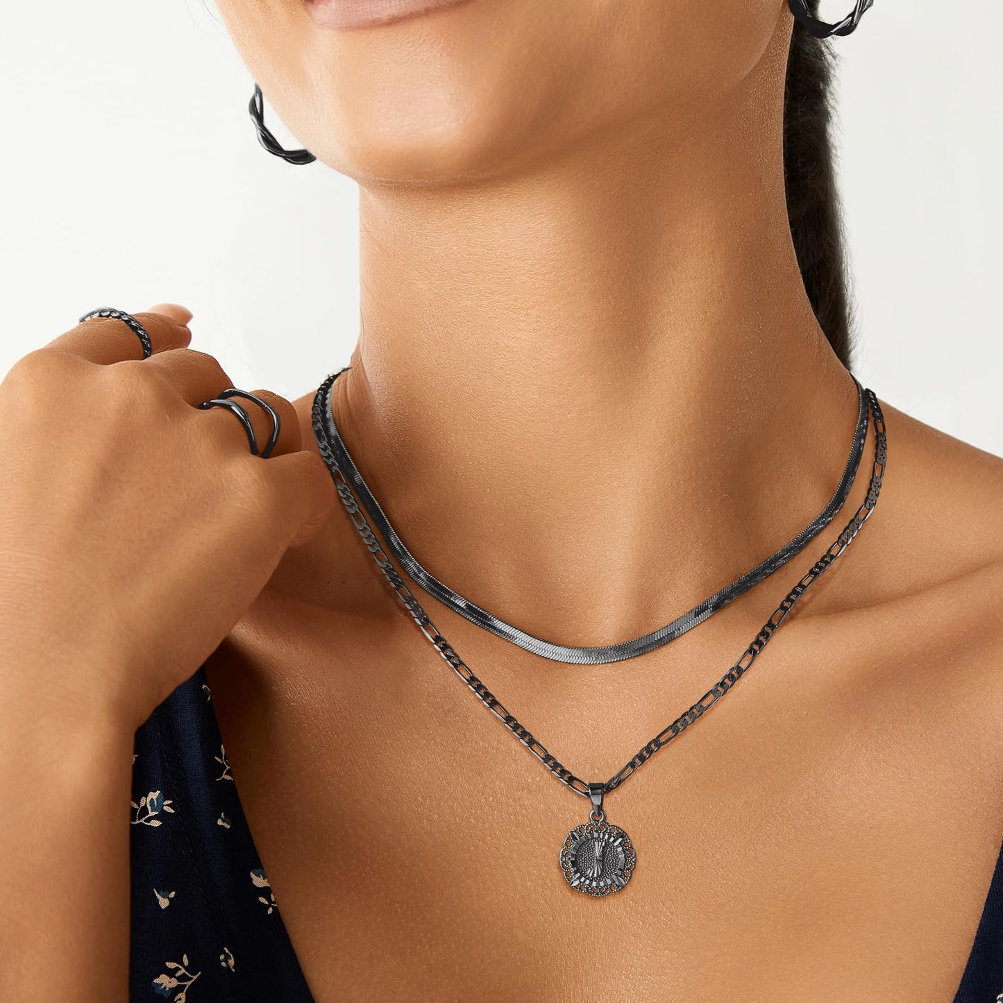 14K Gold Plated Initial Necklace for Women, Round Letter Pendant A-Z Monogram on Figaro Chain