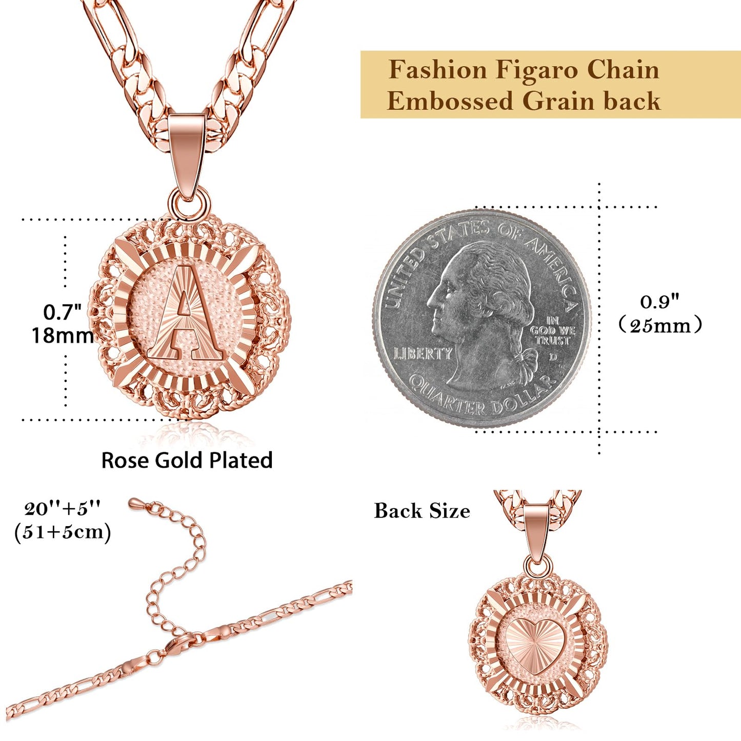 14K Gold Plated Initial Necklace for Women, Round A-Z Letter Monogram Pendant on Figaro Chain