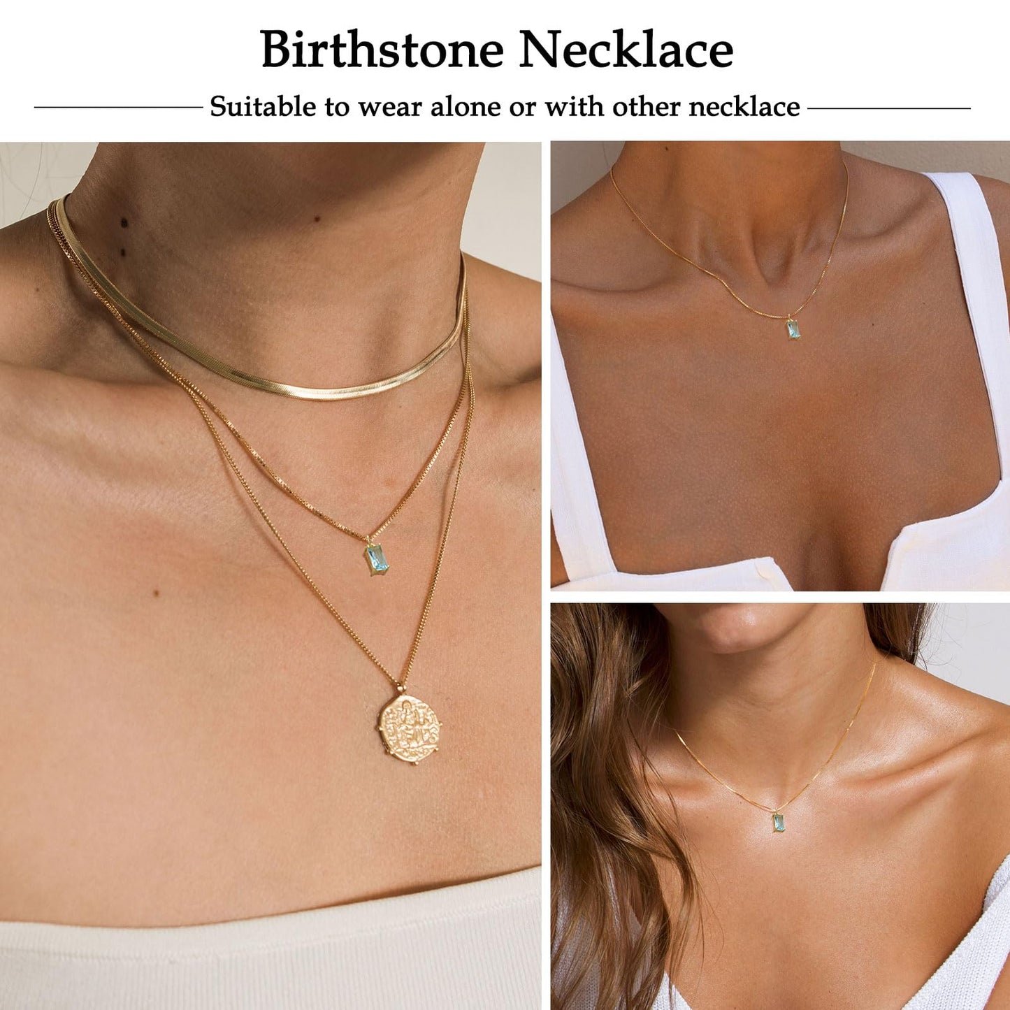 14K Gold Plated Emerald Birthstone Necklace for Women, Blue Green Cubic Zirconia Pendant, Dainty Birthday Jewelry Gift