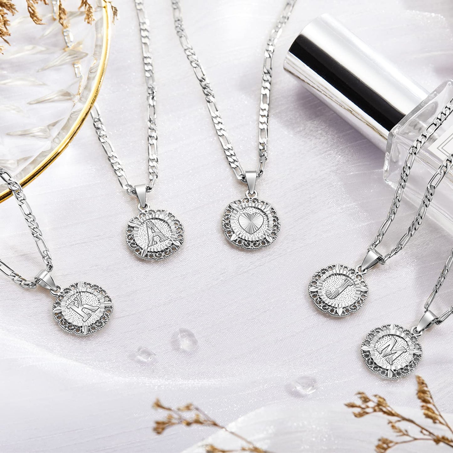 14K Gold Plated Initial Necklace for Women, Round Letter A-Z Monogram Pendant on Figaro Chain