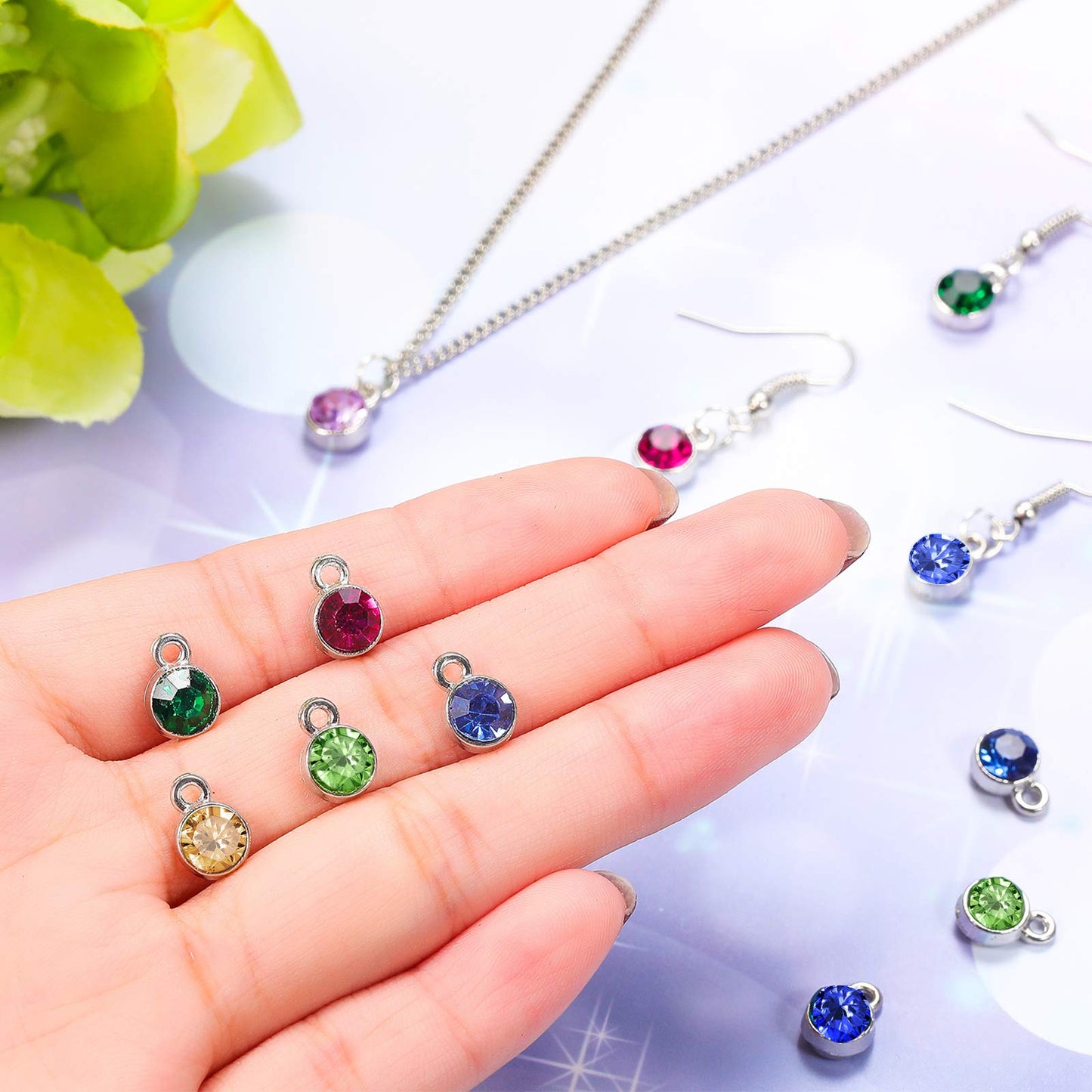 108pcs Crystal Birthstone Charms with Rings, 7mm Round Beads in 12 Colors for DIY Jewelry Making Supplies