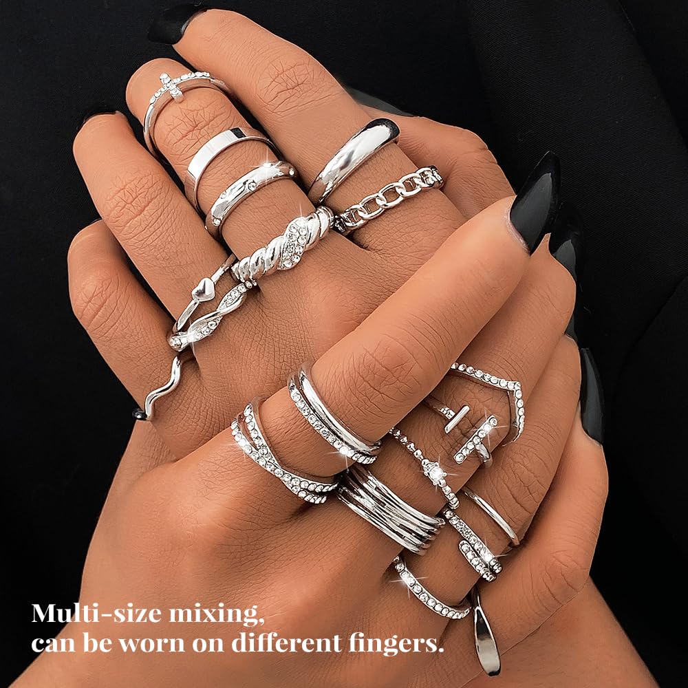 KISS WIFE Gold Silver Black Knuckle Rings Set for Women, Dainty Simple Stackable Finger Rings Pack, Trendy Cute Mixed Size Rings for Thumb & Knuckle Layering, Fashion Jewelry Gift