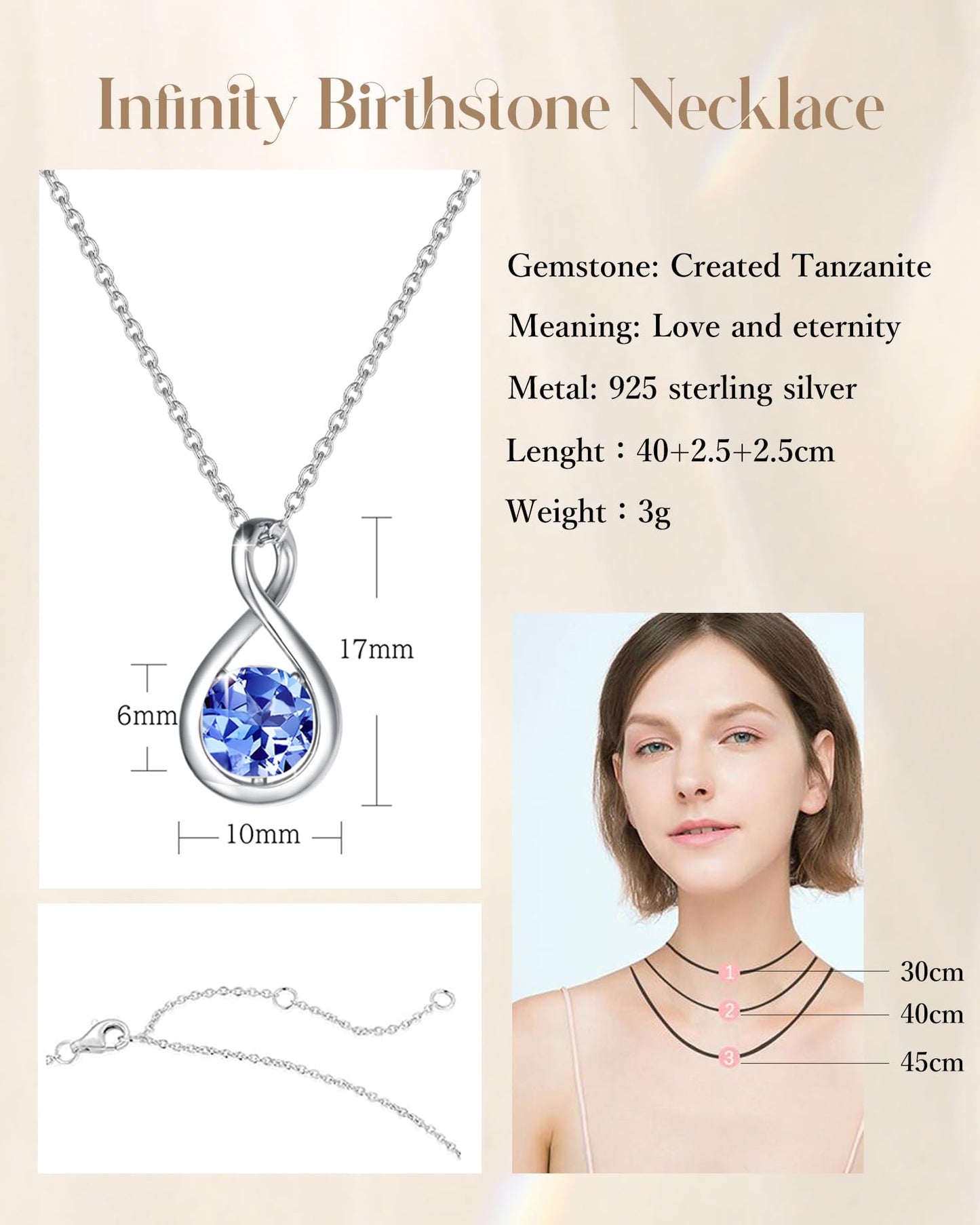 Sterling Silver Birthstone Infinity Pendant Necklace, Dainty 16"+2" Chain, Jewelry Gift for Women and Girls