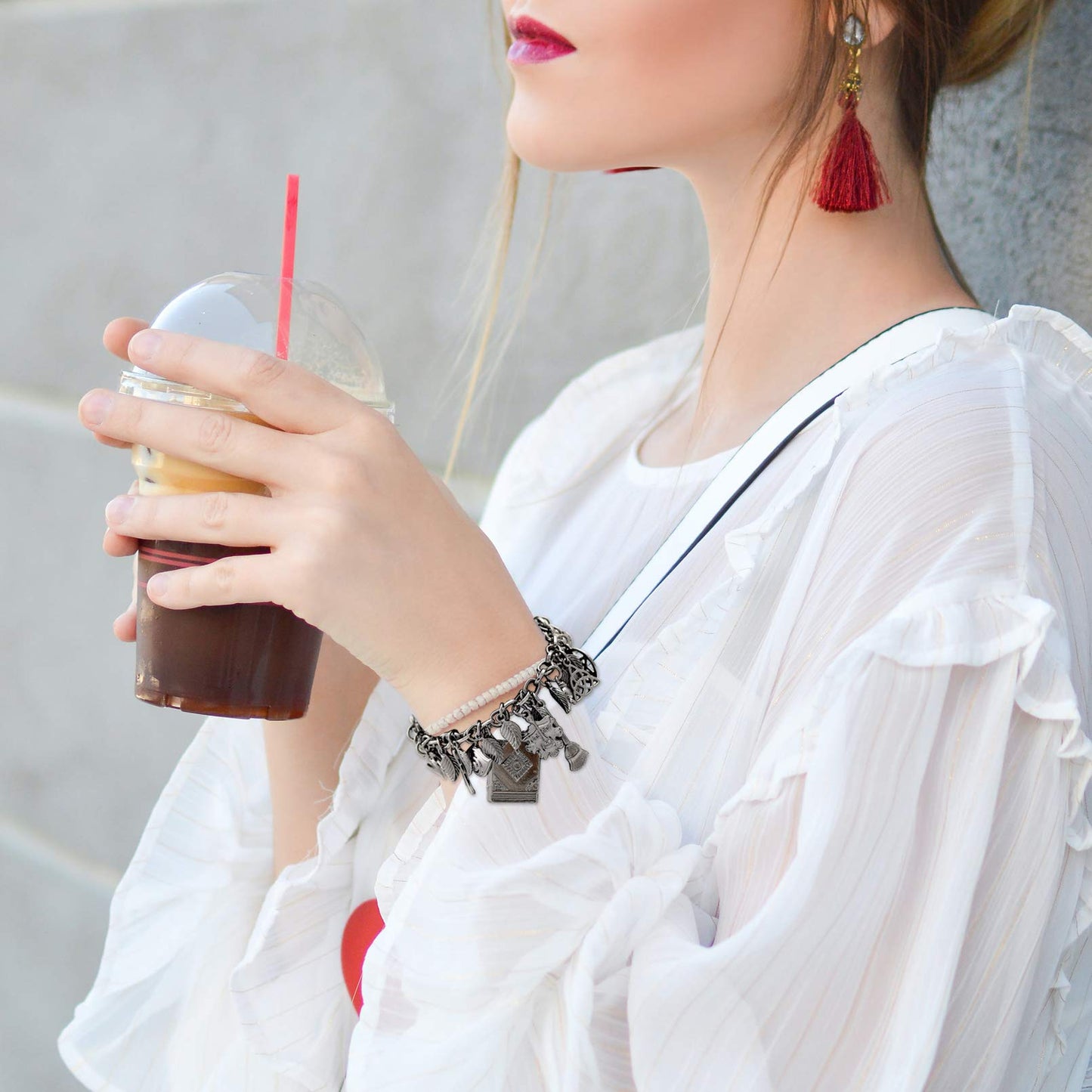 14K Gold Plated Chain Link Bracelet for Women, 7"+2" Extender, Love Lock Design with Crystal, Heart, Key, and Lock Charms