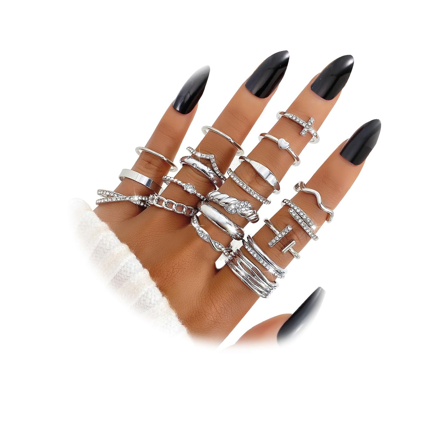 KISS WIFE Gold Silver Black Knuckle Rings Set for Women, Dainty Simple Stackable Finger Rings Pack, Trendy Cute Mixed Size Rings for Thumb & Knuckle Layering, Fashion Jewelry Gift