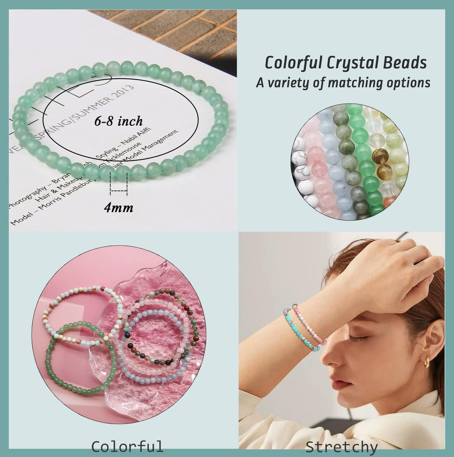 Handmade 6mm Semi-Precious Gemstone Round Bead Stretch Bracelet, 7" Unisex